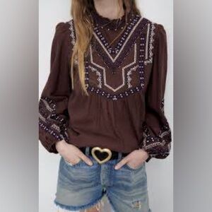 Zara Brown Maroon Embroidered Beaded Long Sleeve Top